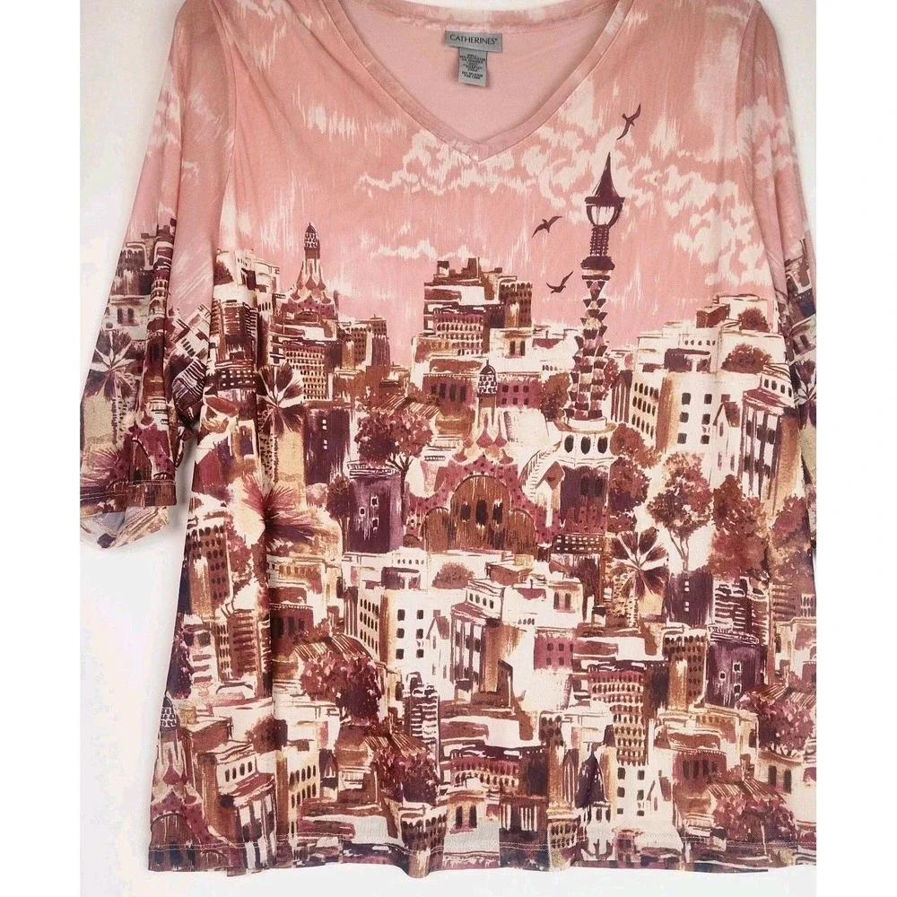 Catherines Womens Blouse Vneck Cityscape Print Bohemian Lined Boho Size 1X - Picture 5 of 8